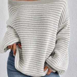 SHEIN Off-Shoulder Striped Sweater in Gray and White